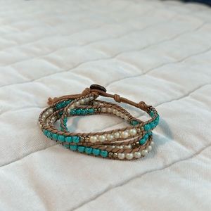 Wrap Bracelet Tan,turquoise, cream beads